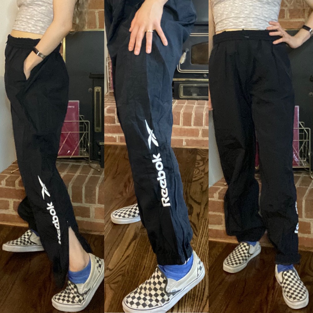 Vintage 90s Reebok Nylon Embroidered Logo Zip Leg Track Pants Joggers Sw…